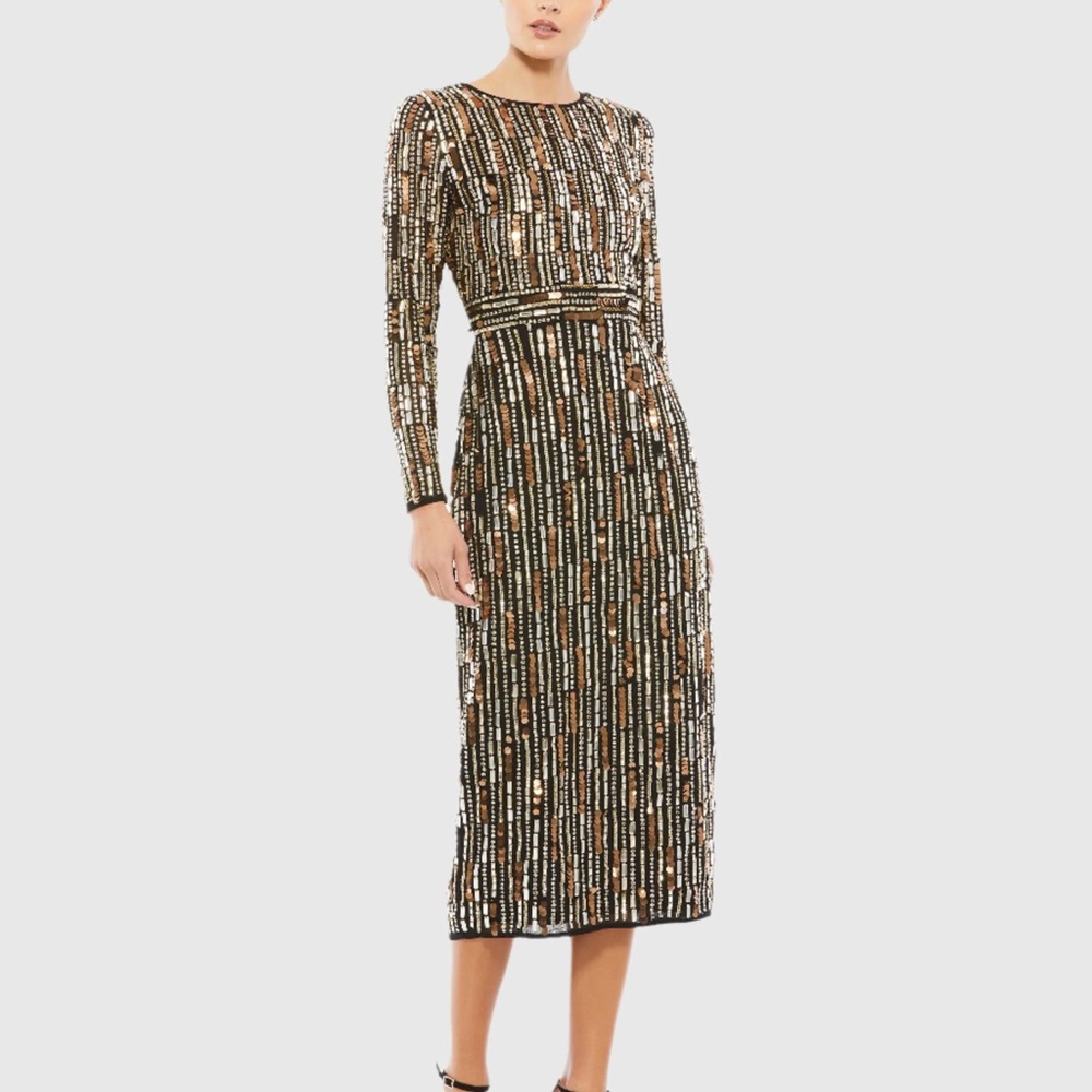 Mac Duggal Embellished High Neck Long Sleeve Fitted Dress